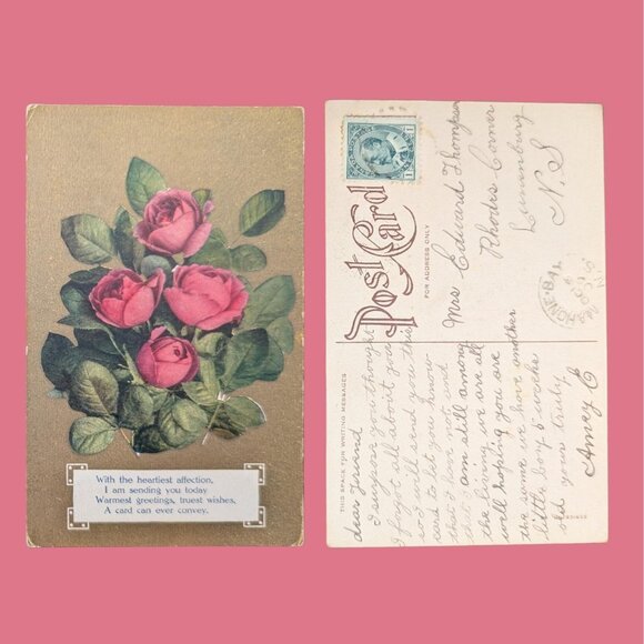 6/$15 Antique Gilded Postmarked Golden Age Floral Postcard Pink Rose Bouquet - Picture 1 of 1